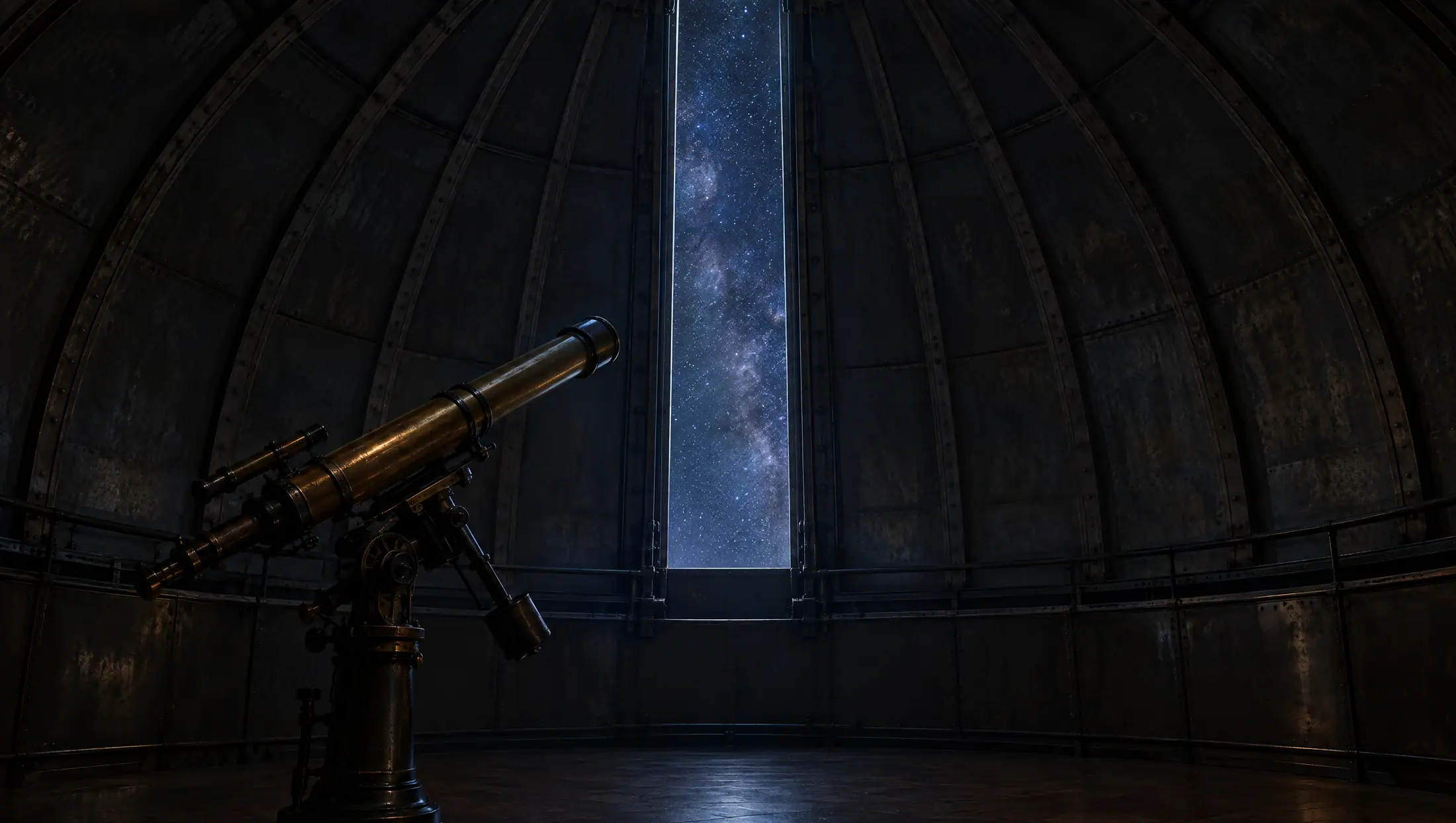 Inside an observatory dome at night: a brass telescope points at a narrow slit of star-filled sky.