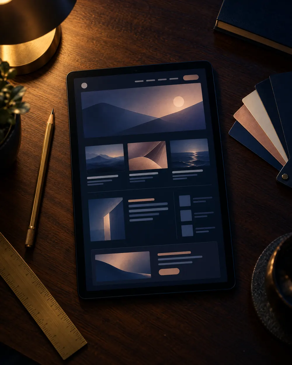 A tablet showing a website wireframe layout on a dark desk beside a brass pencil, brass ruler and colour swatches
