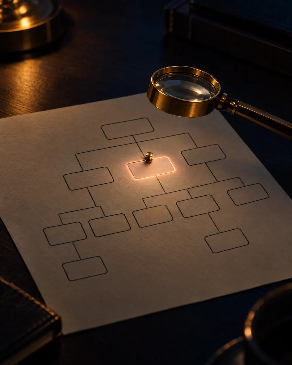 A printed website sitemap with one page glowing under a brass pin, examined with a brass magnifying loupe